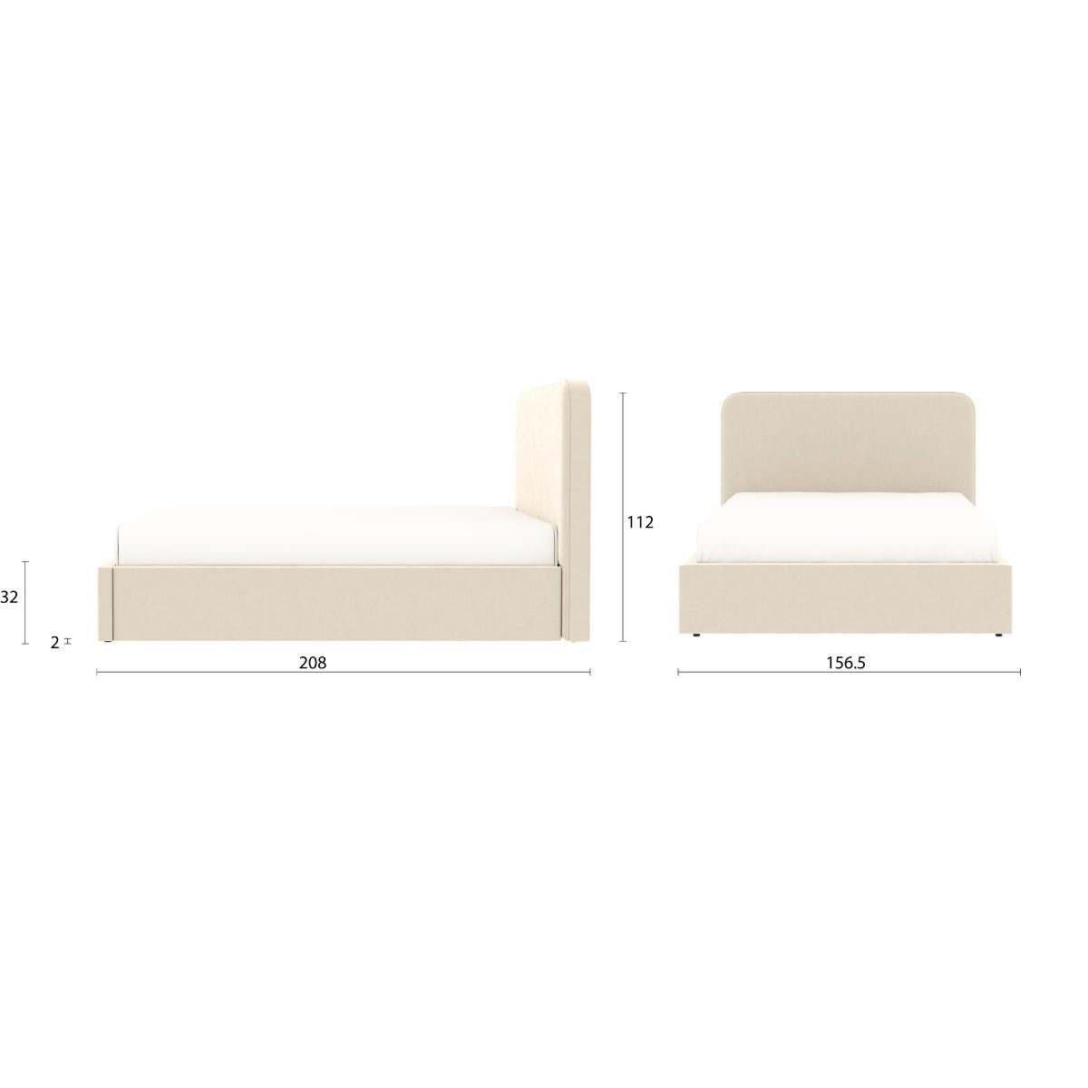 Détail des dimensions principales du lit coffre ANTON 140x190 cm avec coffre de rangement en finition velours beige