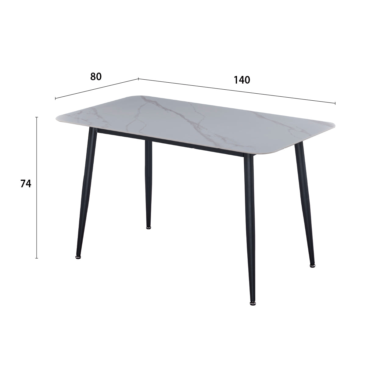 Détail des principales dimensions de la table à manger rectangulaire 4 - 6 places DIVA dimensions 140 x 80 cm en finition stratifié aspect marbre blanc