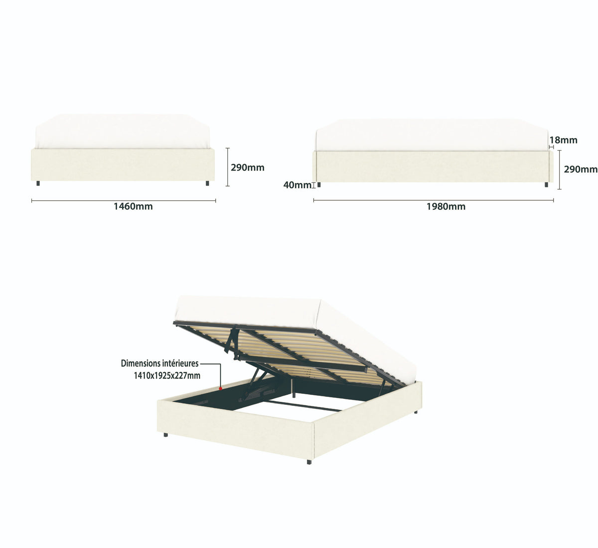 Détail des dimensions principales du lit plateforme LANCE 140x190 cm avec coffre de rangement en finition velours beige