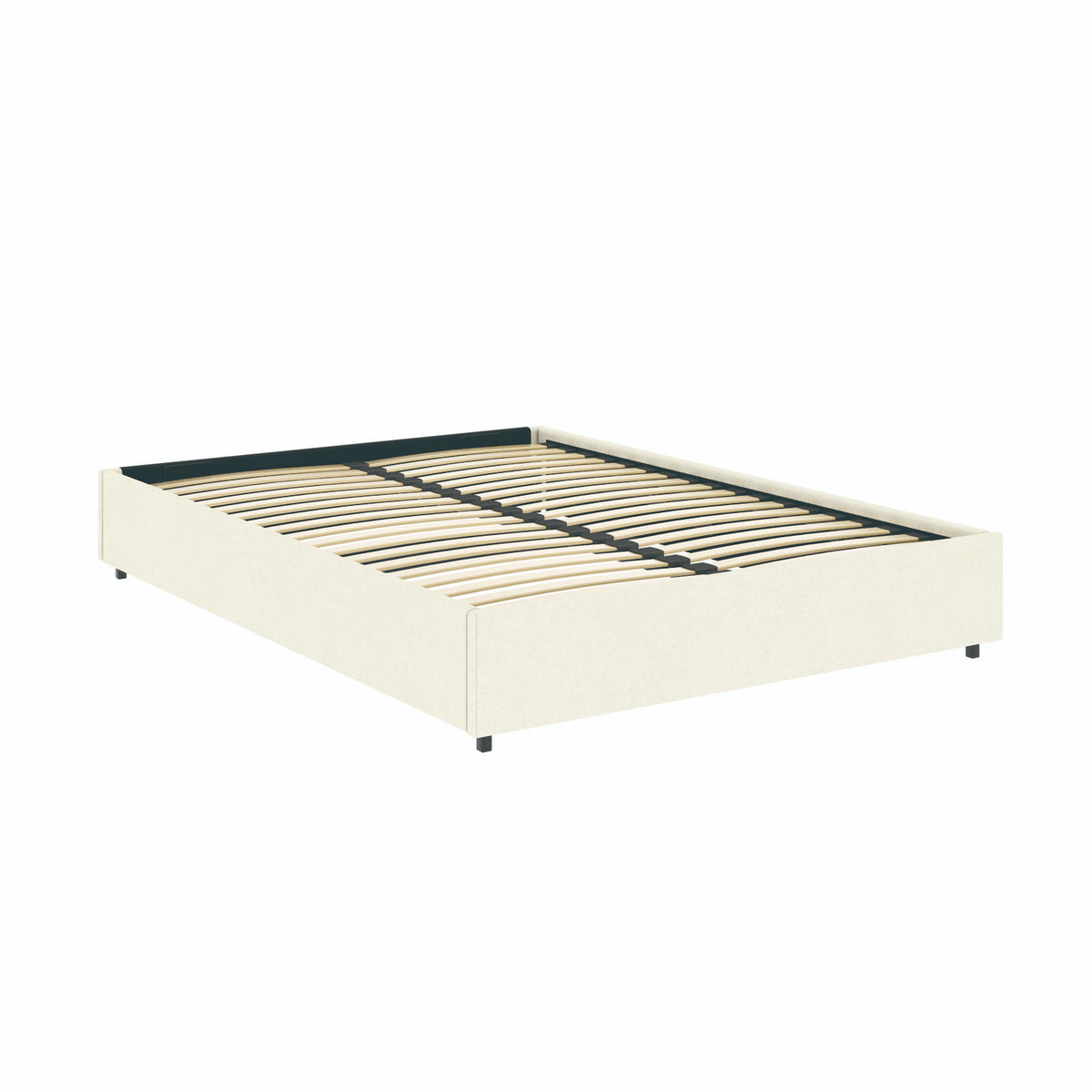 Vue de 3/4 du lit coffre plateforme 160x200 cm velours beige LANCE en position fermé