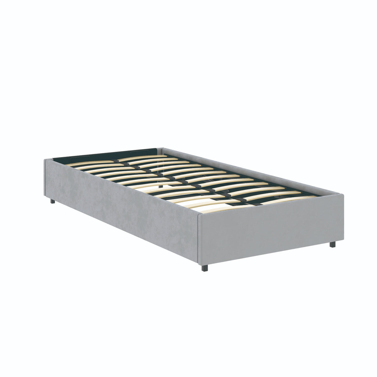 Vue de 3/4 du lit coffre plateforme 90x190 cm velours gris LANCE en position fermé