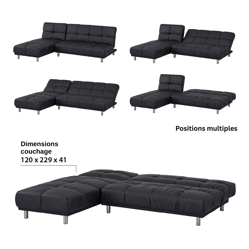 Canapé angle clic-clac avec méridienne 120x229 convertible PU noir gain de place - MELLOW