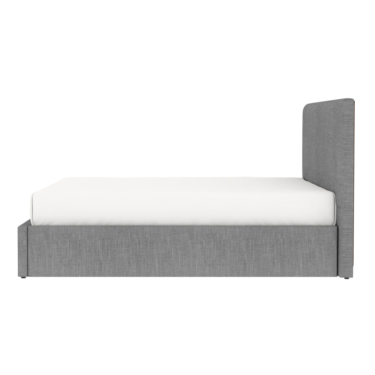 Vue de côté du lit du lit ANDY 140x190 cm avec coffre de rangement en finition tissu gris