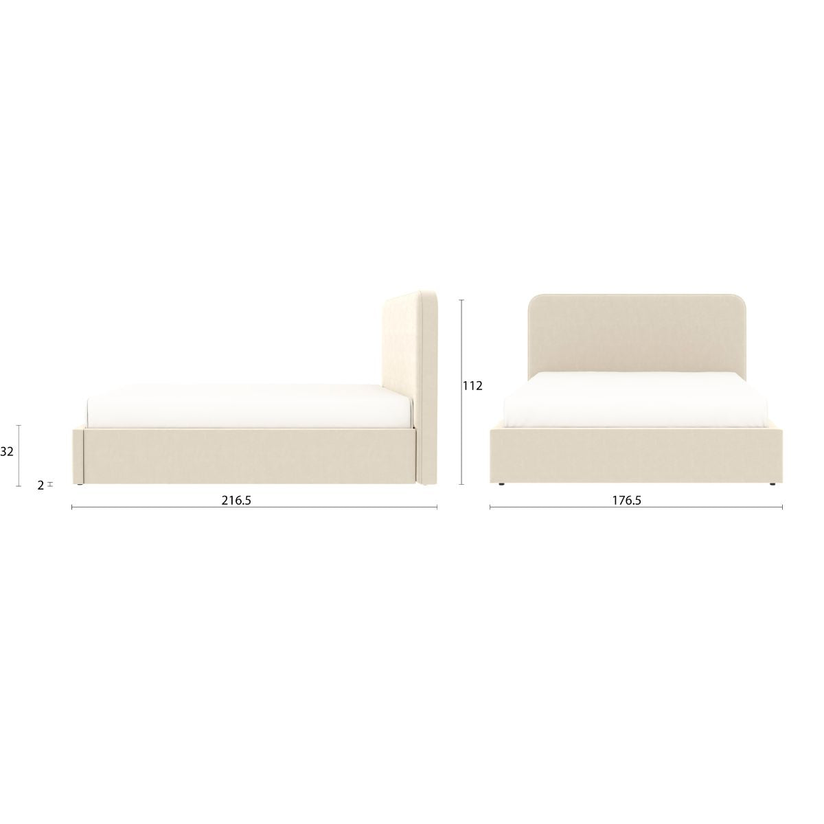 Détail des dimensions principales du lit coffre ANTON 160x200 cm avec coffre de rangement en finition velours beige