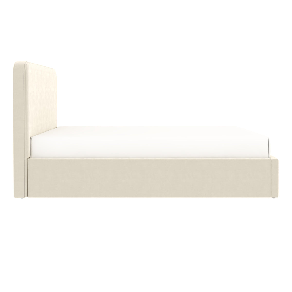 Vue de côté du lit coffre tête de lit haute 160x200 cm velours beige ANTON