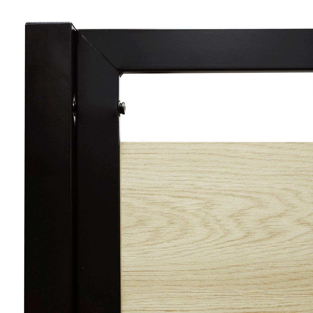 Détail des barrières de protection en métal noir finition mélamine chêne du lit mezzanine DINO avec bureau 90x190 cm