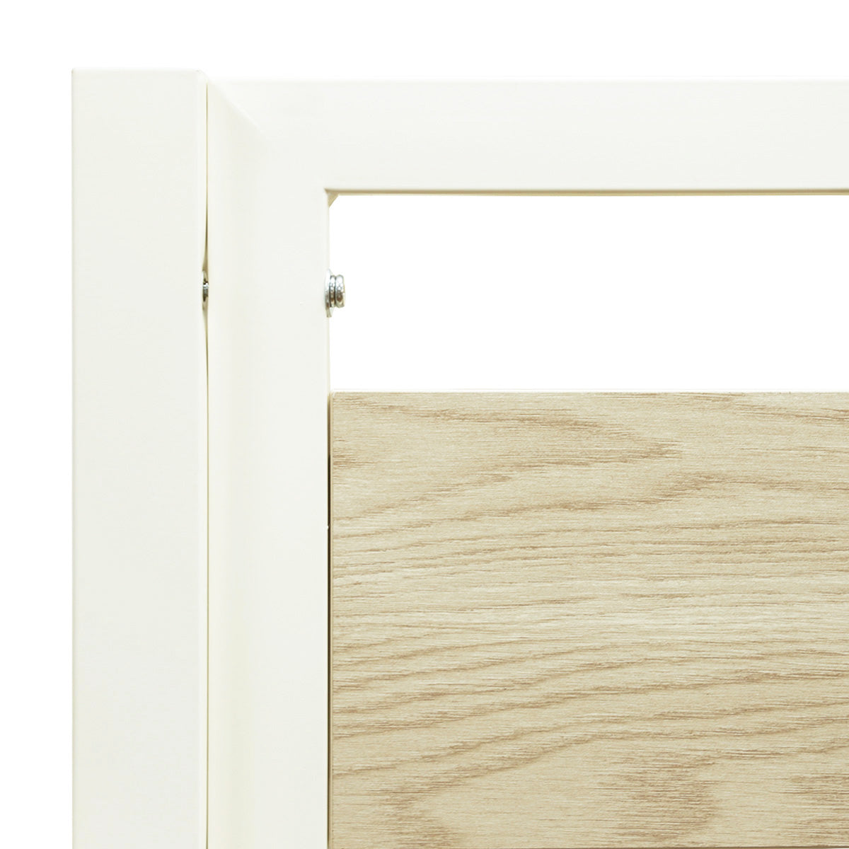Détail des barrières de protection en métal blanc finition mélamine chêne du lit mezzanine DINO avec bureau 90x190 cm