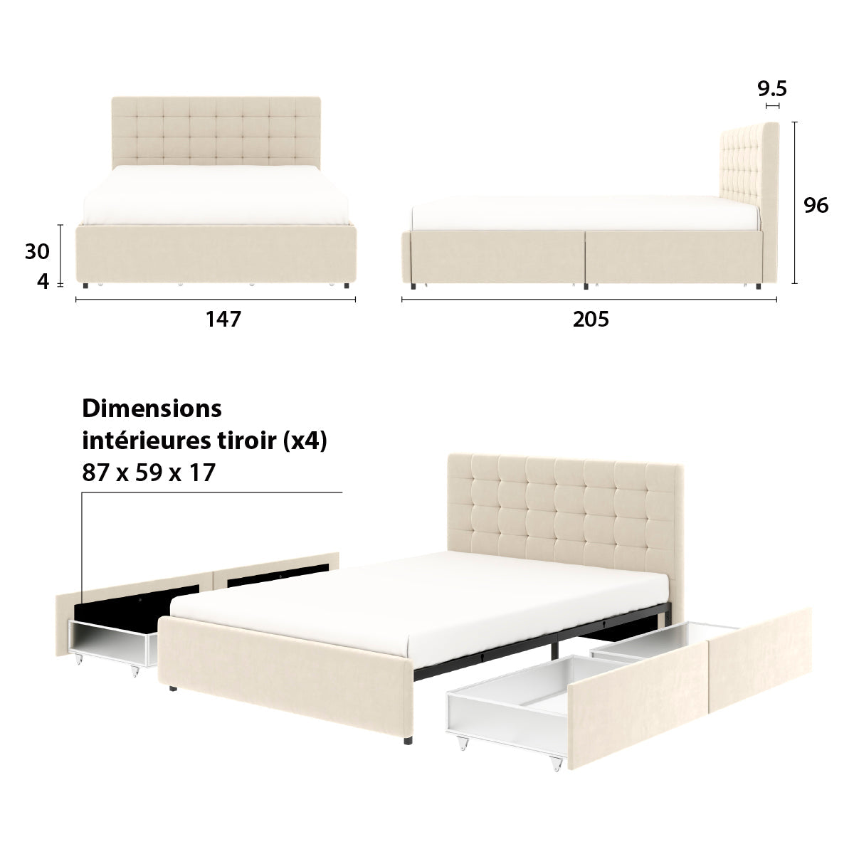 Détail des principales dimensions du lit avec 4 tiroirs de rangement ELLIE pour couchage 140x190 cm