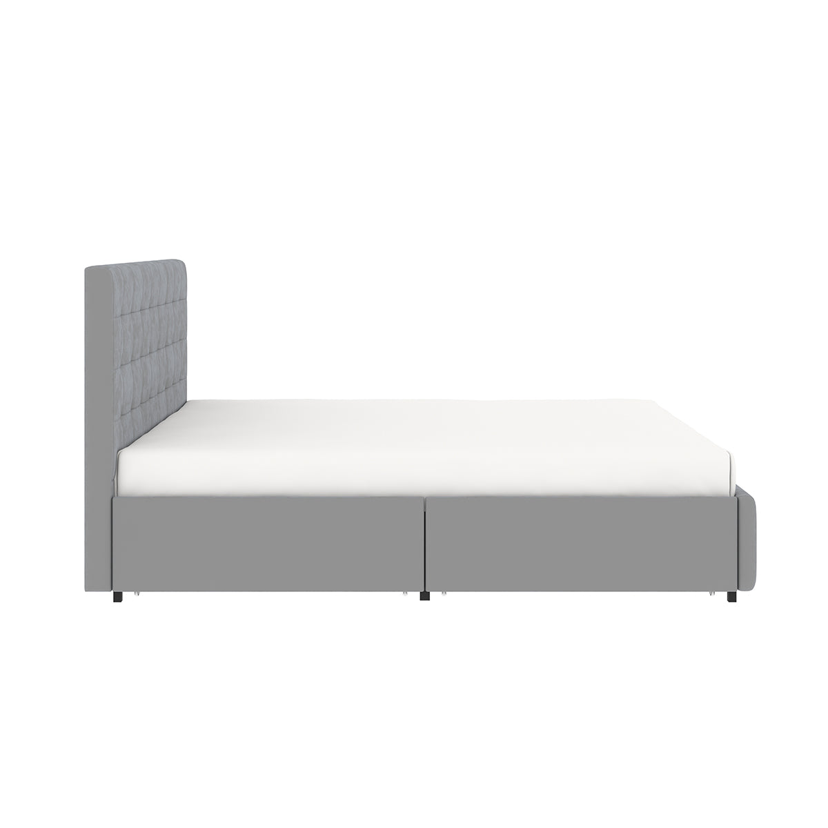 Vue de côté du lit 4 tiroirs tête de lit haute 160x200 cm velours gris ELLIE