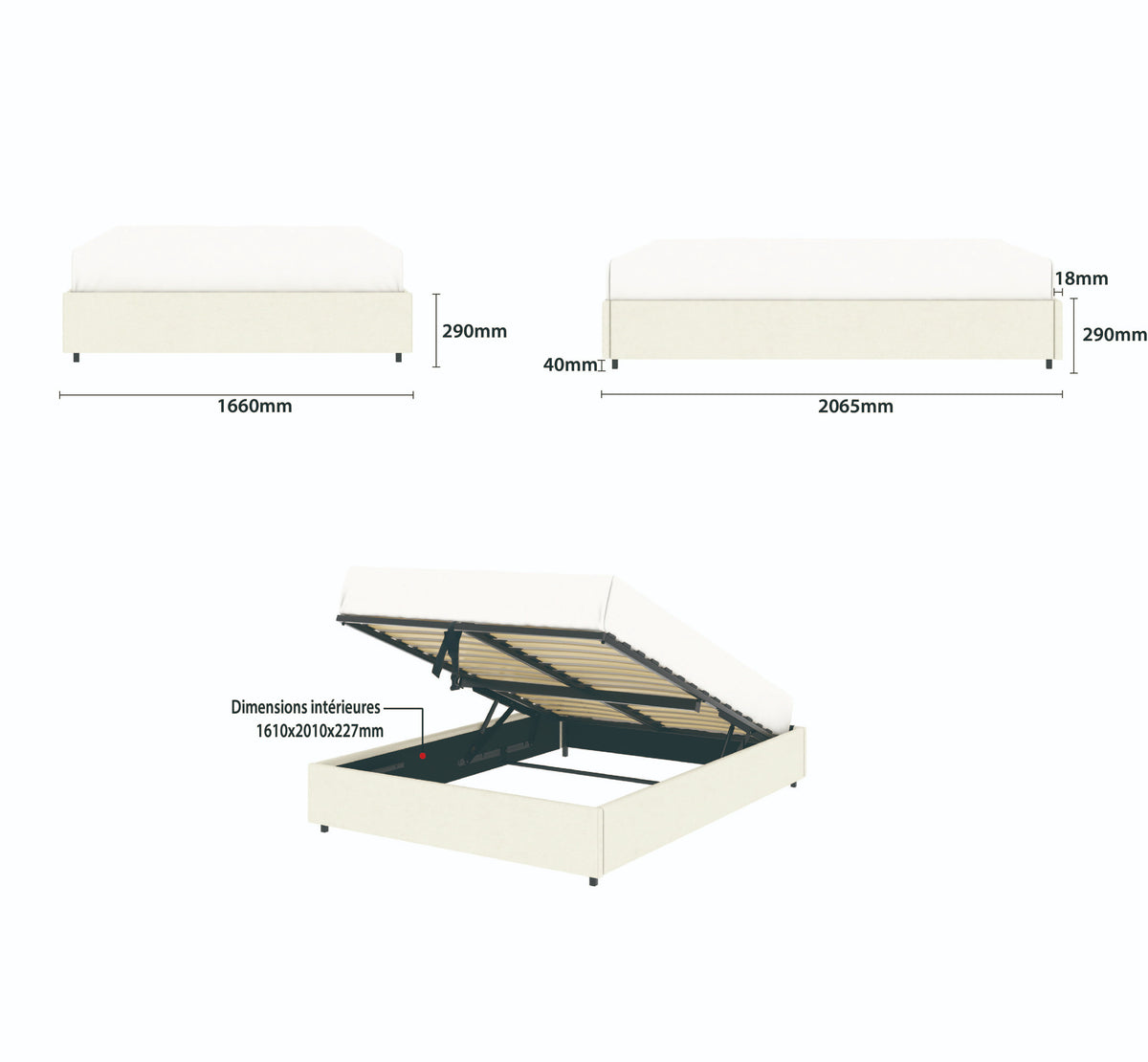 Détail des dimensions principales du lit plateforme LANCE 160x200 cm avec coffre de rangement en finition velours beige