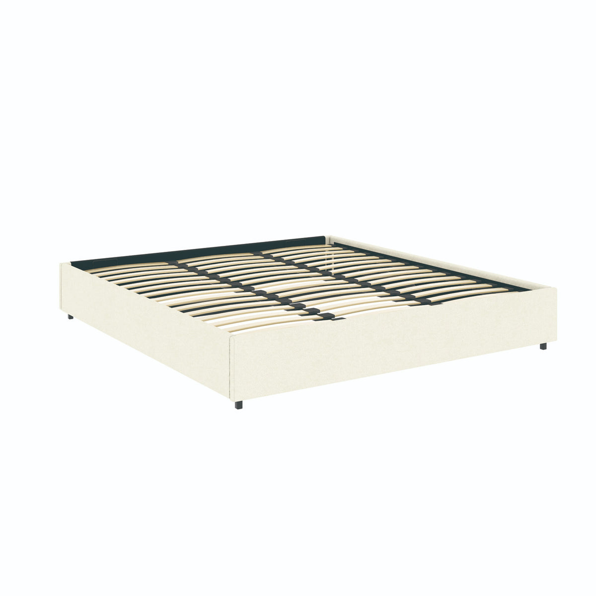 Vue de 3/4 du lit coffre plateforme 180x200 cm velours beige LANCE en position fermé
