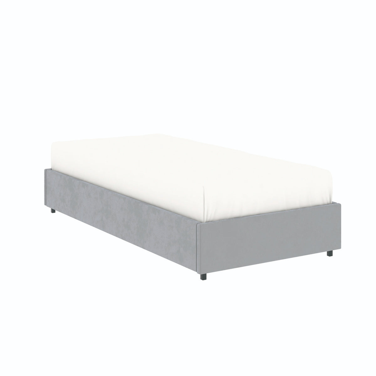 Vue de 3/4 du lit coffre plateforme 90x190 cm velours gris LANCE avec matelas (non fourni)