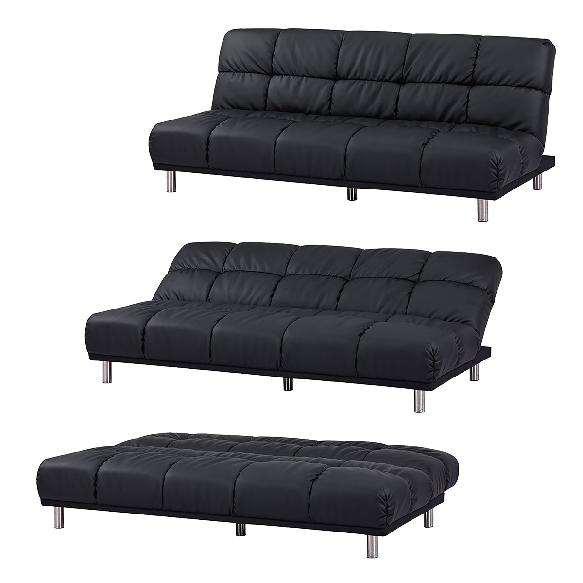 Différentes vues dépliées de fonctions couchages du canapé-lit clic clac MELLOW 3 places en finition PU noire