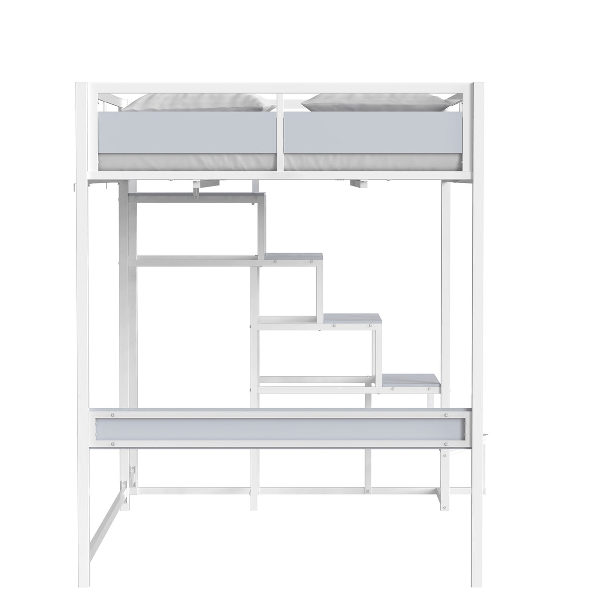 Vue de côté du lit mezzanine MONTANA 140x190 cm en finition mélamine gris clair et métal blanc