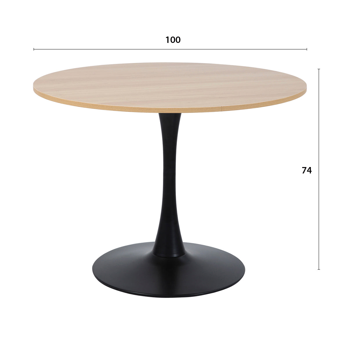 Détail des principales dimensions de la table TULIPS en finition mélamine chêne et métal noir