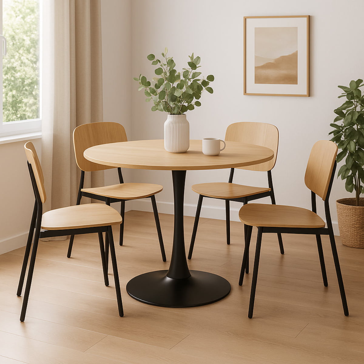 Vue d'ambiance Table ronde TULIPS en finition chene noir
