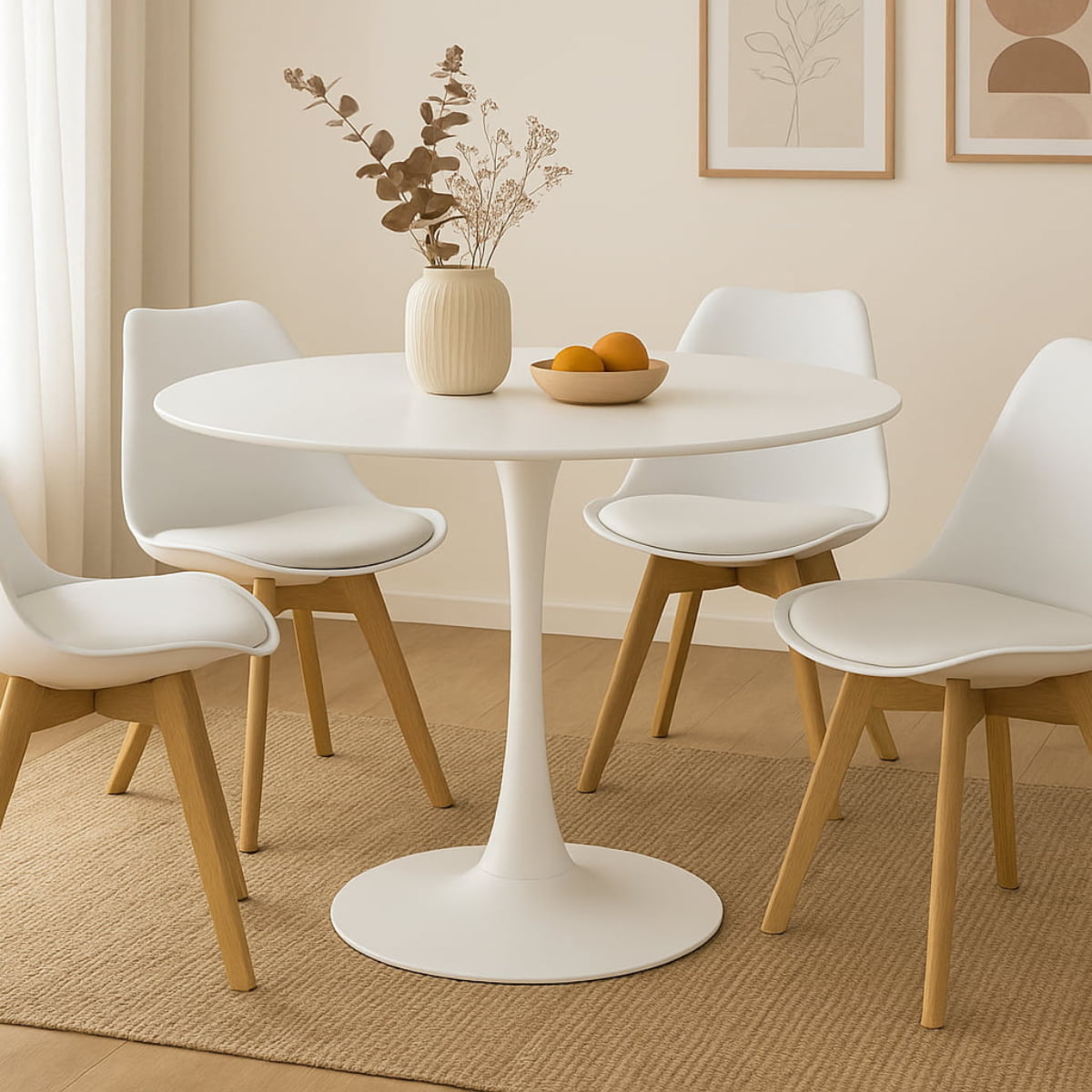 Vue d'ambiance Table ronde TULIPS en finition laque blanche